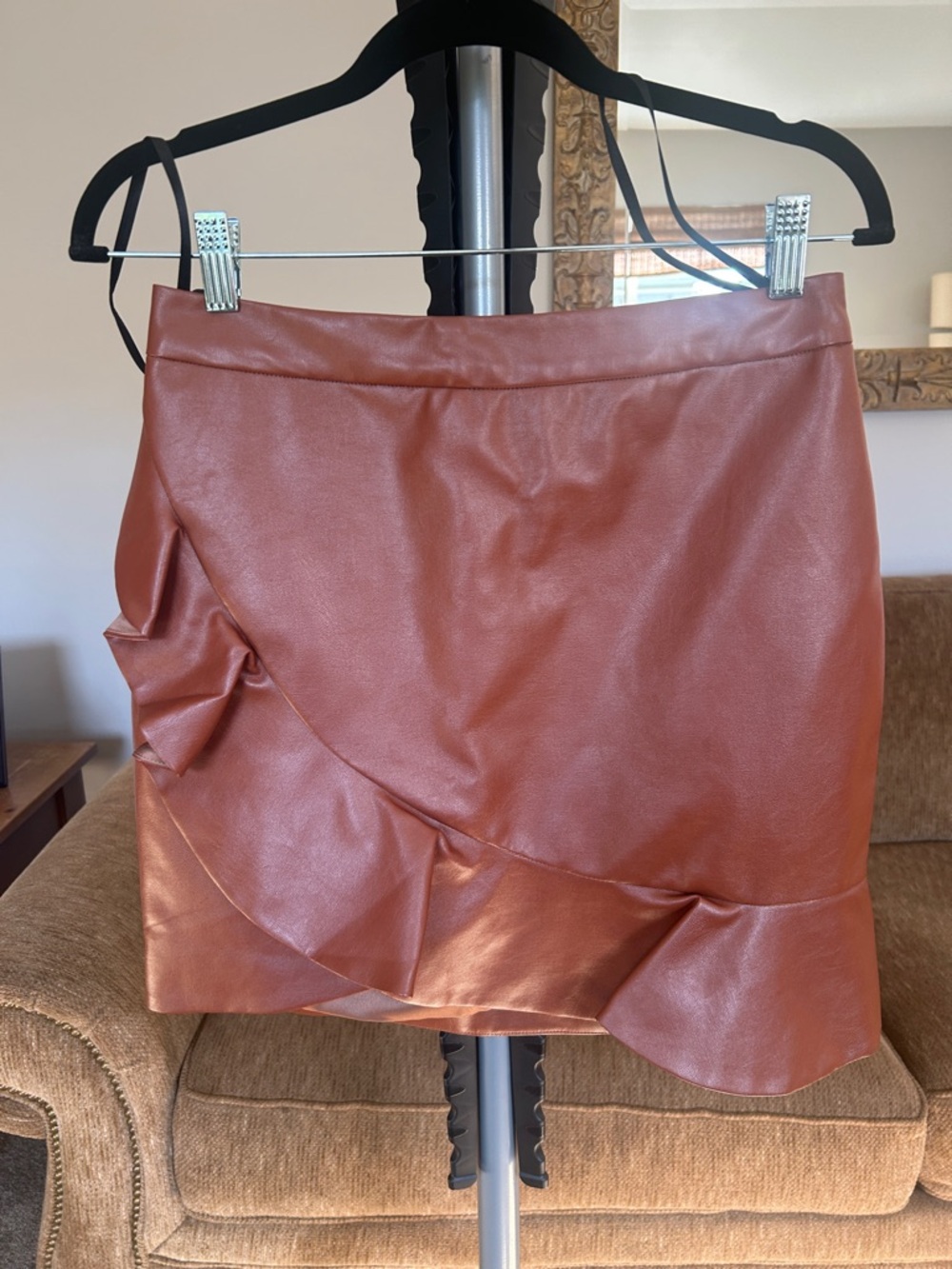 MAJORELLE Rust Brown Faux Leather Ruffle Mini Skirt